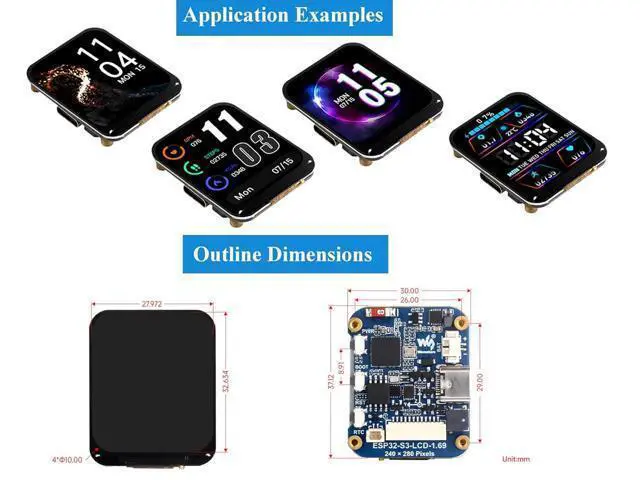 Alt view image 6 of 7 - ESP32-S3 Development Board with 1.69inch LCD IPS Display 240×280 Pixels 262K Color,USB Type-C Embedded ST7789V2 Display Driver, Accelerometer and Gyroscope Sensor, Support 2.4GHz W-i-F-i/Blue-too-th 5