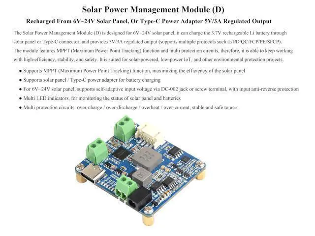 Alt view image 3 of 7 - Solar Power Manager Module, Solar Charge Controller USB, Supports 6V~24V Solar Panel and Type-C Power Adapter, 5V/3A Regulated Output, with Battery Holder (Not Includes Batteries)