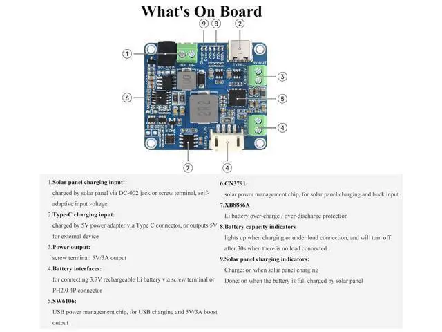 Alt view image 6 of 7 - Solar Power Manager Module, Solar Charge Controller USB, Supports 6V~24V Solar Panel and Type-C Power Adapter, 5V/3A Regulated Output, with Battery Holder (Not Includes Batteries)