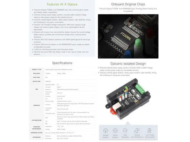 Alt view image 4 of 7 - USB to RS485/422 Industrial Grade Isolated Converter, Onboard Original FT232RL and SP485EEN, Multiple Protection, Wall-Mount and Rail-Mount Support