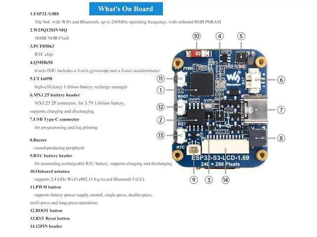 Alt view image 7 of 7 - ESP32-S3 Development Board with 1.69inch LCD IPS Display 240×280 Pixels 262K Color,USB Type-C Embedded ST7789V2 Display Driver, Accelerometer and Gyroscope Sensor, Support 2.4GHz W-i-F-i/Blue-too-th 5