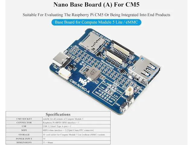 Alt view image 2 of 7 - Mini Nano Base Board for Compute Module 5 Lite/eMMC, Same Size As CM5 Compact Size and Fully Functional, with Multiple Peripheral Interfaces-40PIN GPIO, USB 3.2 Gen1 Type-A, Fan Header,etc