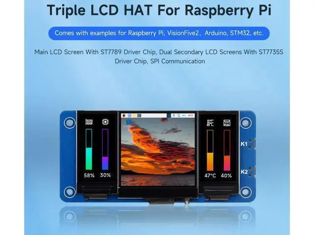 Alt view image 2 of 7 - Triple LCD HAT for Raspberry Pi, Onboard 1.3inch IPS LCD 240×240 Resolution Main Screen and Dual 0.96inch IPS 160×80 Resolution LCD Secondary Screens, SPI Interface