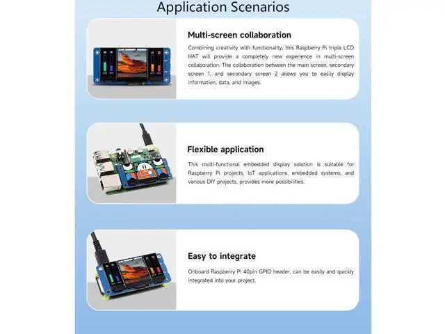 Alt view image 4 of 7 - Triple LCD HAT for Raspberry Pi, Onboard 1.3inch IPS LCD 240×240 Resolution Main Screen and Dual 0.96inch IPS 160×80 Resolution LCD Secondary Screens, SPI Interface