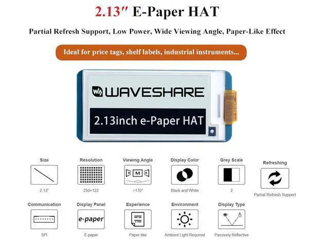 Alt view image 2 of 7 - 2.13inch E-Ink Display HAT V4 250x122 Pixel E-Paper for Raspberry Pi 5/4B/3B+/3B/2B/Zero W/WH/Zero 2 W/Jetson Nano SPI Interface, Black/White Two Display Colors, Support Partial Refresh