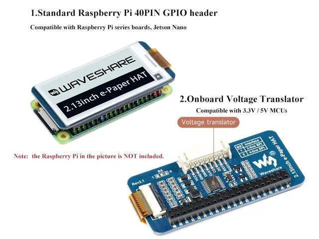 Alt view image 3 of 7 - 2.13inch E-Ink Display HAT V4 250x122 Pixel E-Paper for Raspberry Pi 5/4B/3B+/3B/2B/Zero W/WH/Zero 2 W/Jetson Nano SPI Interface, Black/White Two Display Colors, Support Partial Refresh