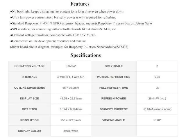 Alt view image 5 of 7 - 2.13inch E-Ink Display HAT V4 250x122 Pixel E-Paper for Raspberry Pi 5/4B/3B+/3B/2B/Zero W/WH/Zero 2 W/Jetson Nano SPI Interface, Black/White Two Display Colors, Support Partial Refresh
