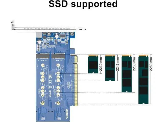 Alt view image 4 of 6 - H!Fiber 4-Port M.2 NVMe Adapter M-Key, PCIe X16 Gen3. Requires Motherboard BIOS Support for Bifurcation, with Full Height and Low Profile Bracket
