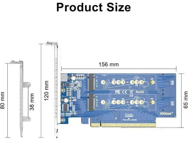 Alt view image 5 of 6 - H!Fiber 4-Port M.2 NVMe Adapter M-Key, PCIe X16 Gen3. Requires Motherboard BIOS Support for Bifurcation, with Full Height and Low Profile Bracket