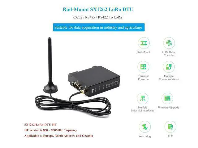 Alt view image 2 of 7 - Rail-Mount SX1262 LoRa Data Transfer Unit, RS232 / RS485 / RS422 to LoRa, Based on SX1262 Module, up to 5KM Distance Communication, Suitable for Data Acquisition in Industry and Agriculture