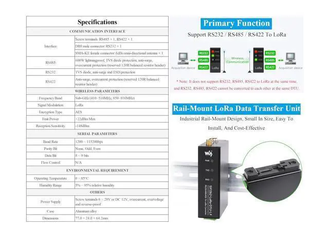 Alt view image 4 of 7 - Rail-Mount SX1262 LoRa Data Transfer Unit, RS232 / RS485 / RS422 to LoRa, Based on SX1262 Module, up to 5KM Distance Communication, Suitable for Data Acquisition in Industry and Agriculture