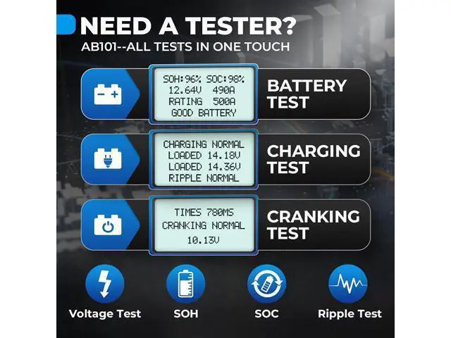 Alt view image 3 of 6 - AB101 Car Battery Tester 12V Car Battery Load Tester on Cranking Charging Systems, 100-2000 CCA Automotive Alternator Analyzer for Cars/SUVs/Light Trucks with Flooded AGM Gel Types