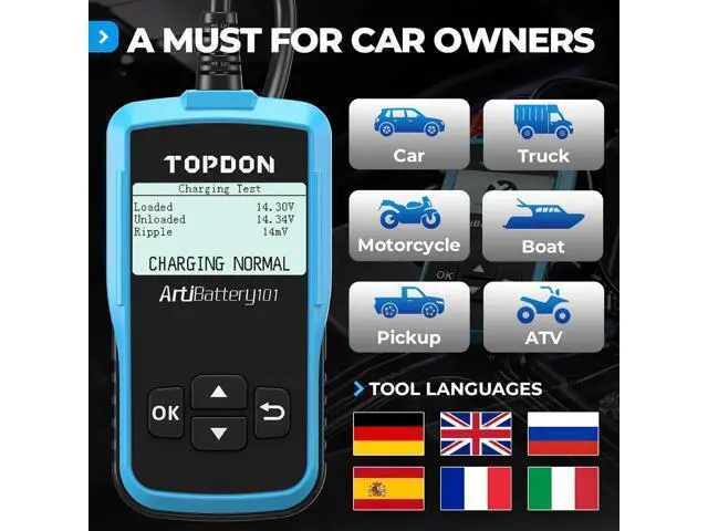 Alt view image 5 of 6 - AB101 Car Battery Tester 12V Car Battery Load Tester on Cranking Charging Systems, 100-2000 CCA Automotive Alternator Analyzer for Cars/SUVs/Light Trucks with Flooded AGM Gel Types