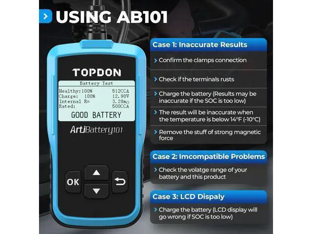 Alt view image 6 of 6 - AB101 Car Battery Tester 12V Car Battery Load Tester on Cranking Charging Systems, 100-2000 CCA Automotive Alternator Analyzer for Cars/SUVs/Light Trucks with Flooded AGM Gel Types