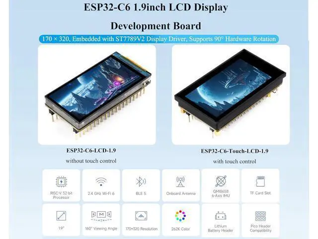 Alt view image 2 of 7 - ESP32-C6 1.9inch LCD Display Development Board, 170x320 Pixels, 262K Color, 160MHz Running Frequency RISC-V Single-Core Processor, WF-i 6 & BLE, ESP32 with Display,Compatible with Pico Header