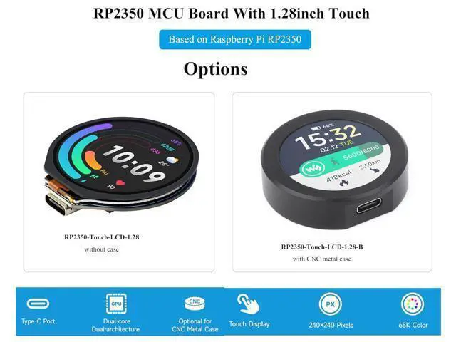 Alt view image 2 of 7 - RP2350 Microcontroller Development Board with 1.28inch Round Touch Screen IPS LCD 240×240 Pixels, 65K Color, Based on RPi RP2350, Dual-Core & Dual-Architecture Design Type-C Connector