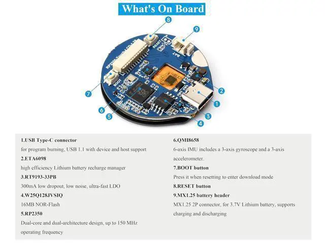 Alt view image 5 of 7 - RP2350 Microcontroller Development Board with 1.28inch Round Touch Screen IPS LCD 240×240 Pixels, 65K Color, Based on RPi RP2350, Dual-Core & Dual-Architecture Design Type-C Connector