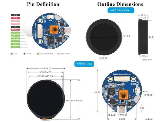Alt view image 6 of 7 - RP2350 Microcontroller Development Board with 1.28inch Round Touch Screen IPS LCD 240×240 Pixels, 65K Color, Based on RPi RP2350, Dual-Core & Dual-Architecture Design Type-C Connector