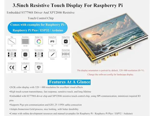 Alt view image 2 of 7 - 3.5inch Resistive Touch Screen Compatible with Raspberry Pi 5/4B/3B+/3B/3A+/Pico W/Pico 2W/2/ ESP32, 320x480, IPS LCD,SPI Interfaces, Pigo Pin or 11PIN Cable Dual Connections