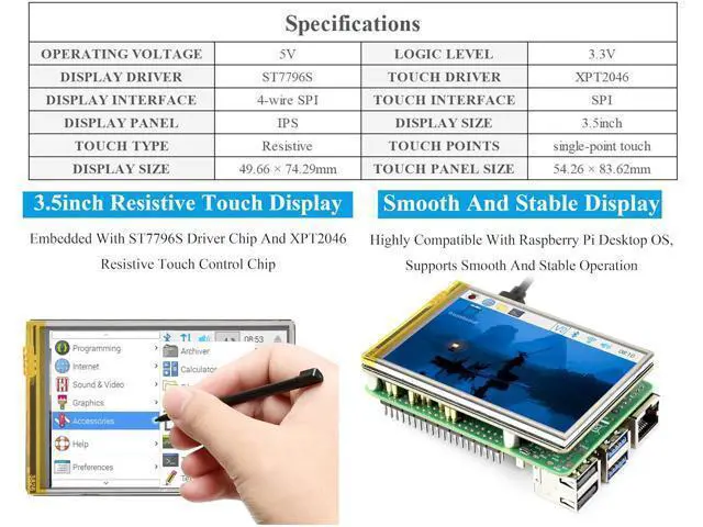Alt view image 3 of 7 - 3.5inch Resistive Touch Screen Compatible with Raspberry Pi 5/4B/3B+/3B/3A+/Pico W/Pico 2W/2/ ESP32, 320x480, IPS LCD,SPI Interfaces, Pigo Pin or 11PIN Cable Dual Connections