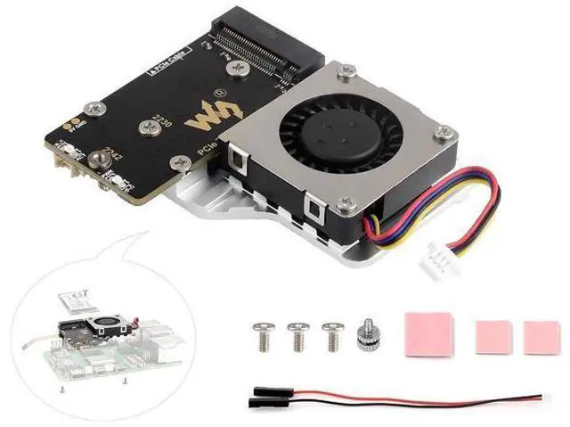 Main image of Pi5 PCIe to M.2 Adapter Board with Cooling Fan for Raspberry Pi 5, Pi 5 NVMe HAT with Cooling Fan, Aluminium Heatsink All-in-One Design, 8Gbps Data Rate,Support M.2 NVMe SSD 2242/2230 Size