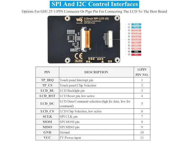 Alt view image 6 of 7 - 3.5inch Resistive Touch Screen Compatible with Raspberry Pi 5/4B/3B+/3B/3A+/Pico W/Pico 2W/2/ ESP32, 320x480, IPS LCD,SPI Interfaces, Pigo Pin or 11PIN Cable Dual Connections