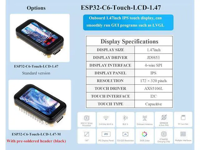 Alt view image 2 of 7 - ESP32-C6 1.47inch Touch Display Development Board, 172x320 Resolution IPS LCD, 262K Display Color, Supports W-F-i 6 / BLE 5, 160MHz RISC-V Processor, Type-C, with Pre-Soldered Header
