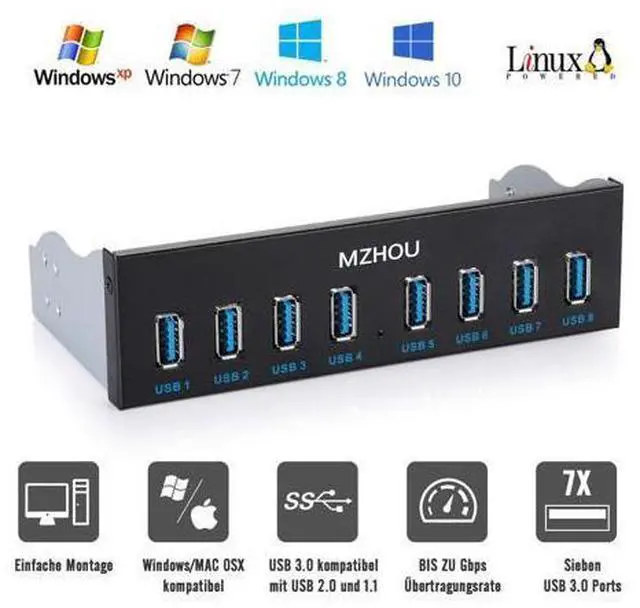 Alt view image 2 of 7 - 8-Port USB 3.0 Front Panel Hub Expansion Card - with 19-Pin & SATA Cables, 5 Mounting Screws - Compatible with Windows XP/7/8/10 & Linux - Desktop PC Internal USB Hub for Case Expansion