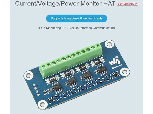 Alt view image 2 of 7 - 4-CH Current/Voltage/Power Monitor HAT for Raspberry Pi 4B/3B+/3B/2B/B+/A+/Zero/W, I2C/SMBus Interface Onboard 0.1 1 Sampling Resistor Measure Bi-Directional Current up to 3.2A Embed 12-bit ADC