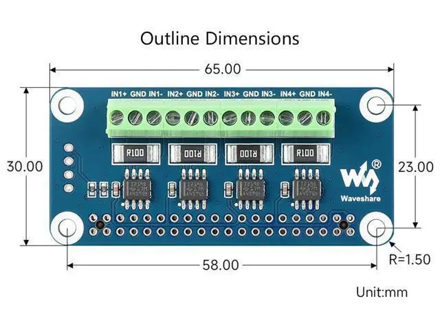 Alt view image 7 of 7 - 4-CH Current/Voltage/Power Monitor HAT for Raspberry Pi 4B/3B+/3B/2B/B+/A+/Zero/W, I2C/SMBus Interface Onboard 0.1 1 Sampling Resistor Measure Bi-Directional Current up to 3.2A Embed 12-bit ADC