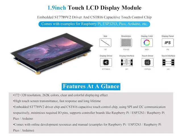 Alt view image 2 of 7 - 1.9inch Touch LCD Display Module, IPS Micro LCD Display, 172x320 Resolution, 262K Display Color, SPI and I2C Interfaces, Compatible with Raspberry Pi 5/ 4B/3B+/3B/Zero W/Zero 2 W/Pico/Pico 2W, ect.