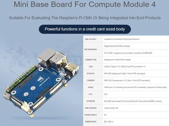 Alt view image 2 of 7 - Mini Base Board (A) for Raspberry Pi Compute Module 4 Lite/eMMC Series Module, with Standard CM4 Socket and 40PIN GPIO Header Onboard Multiple Connectors CSI/DSI/FAN/HDMI/USB/RJ45, etc. for Easy Use