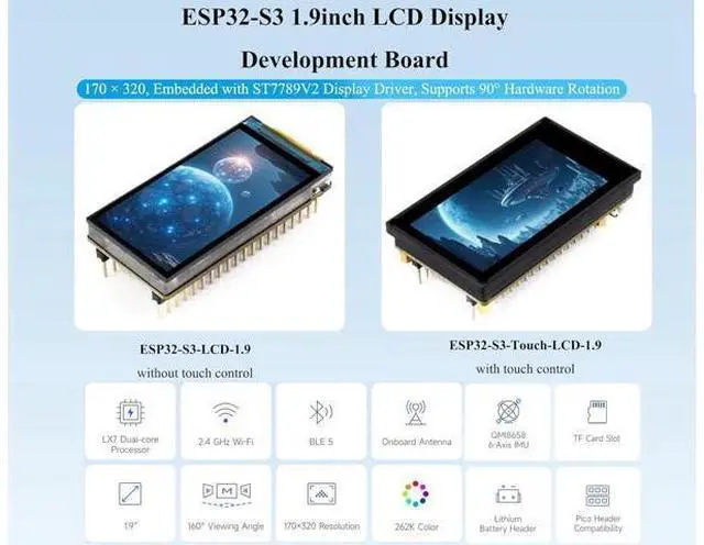 Alt view image 2 of 7 - ESP32-S3 1.9inch Touch LCD Display Development Board, 170x320 Pixels, 262K Color, 32-Bit LX7 Dual-Core Processor, Supports 90° Hardware Rotation, ESP32 with Display,Multiple Peripheral Interfaces