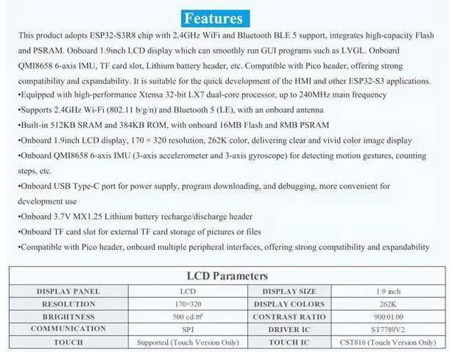 Alt view image 3 of 7 - ESP32-S3 1.9inch Touch LCD Display Development Board, 170x320 Pixels, 262K Color, 32-Bit LX7 Dual-Core Processor, Supports 90° Hardware Rotation, ESP32 with Display,Multiple Peripheral Interfaces