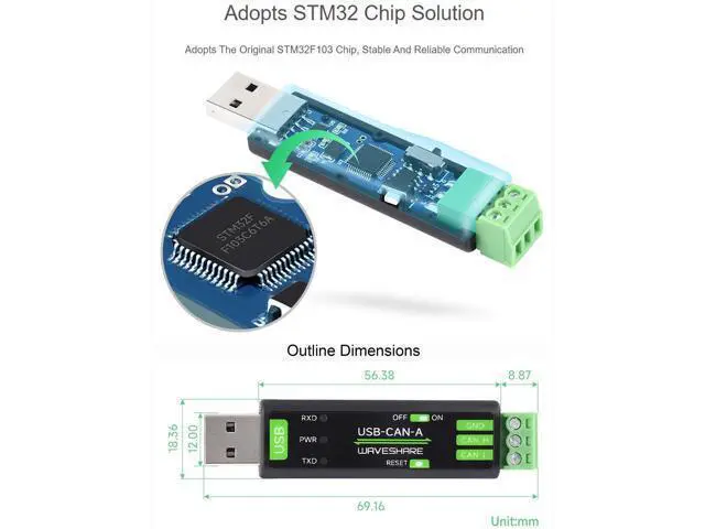 Alt view image 4 of 7 - USB to CAN Adapter Model A STM32 Chip Solution, CAN Baud Rate 5kbps~1Mbps is Configurable, Support Windows XP/7/8/10/11 and Linux Systems, Multiple Working Modes
