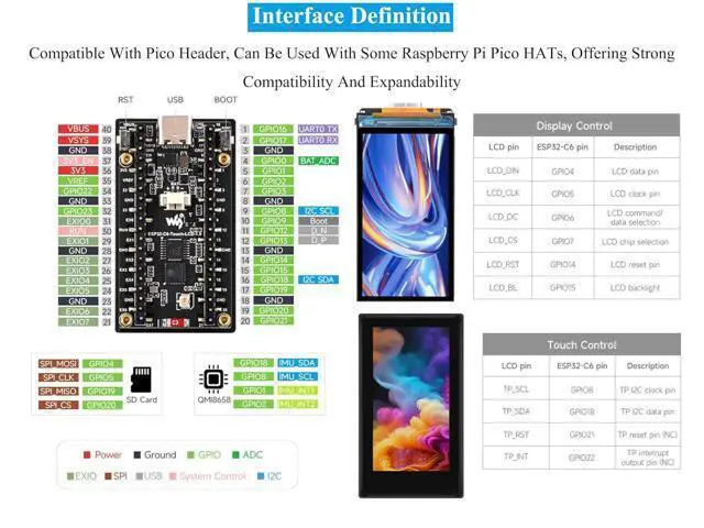 Alt view image 4 of 7 - ESP32-C6 1.9inch LCD Display Development Board, 170x320 Pixels, 262K Color, 160MHz Running Frequency RISC-V Single-Core Processor, WF-i 6 & BLE, ESP32 with Display,Compatible with Pico Header