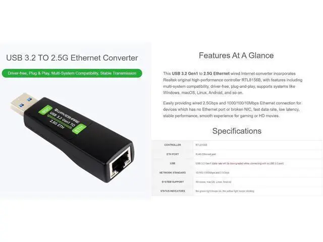 Alt view image 5 of 7 - USB to 2.5G Ethernet Port Converter, High-Speed Networking, Driver-Free, Supports Windows/MacOS/Linux/Android Multi-System, 2.5G USB Ethernet Adapter (USB 3.2 Gen1 to 2.5G ETH)