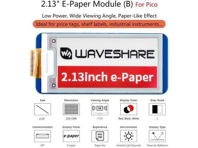 Alt view image 3 of 7 - 2.13inch E-Paper Display Module(B) for Raspberry Pi Pico, 212×104 Pixels Red Black White Three Colors E-Ink Screen LCD SPI Interface Wide Viewing Angle Paper-Like Effect