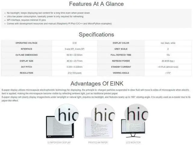 Alt view image 6 of 7 - 2.13inch E-Paper Display Module(B) for Raspberry Pi Pico, 212×104 Pixels Red Black White Three Colors E-Ink Screen LCD SPI Interface Wide Viewing Angle Paper-Like Effect