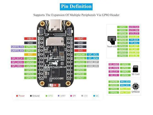 Alt view image 5 of 7 - ESP32-C6 1.47inch Touch Display Development Board, 172x320 Resolution IPS LCD, 262K Display Color, Supports W-F-i 6 / BLE 5, 160MHz RISC-V Processor, Type-C, with Pre-Soldered Header