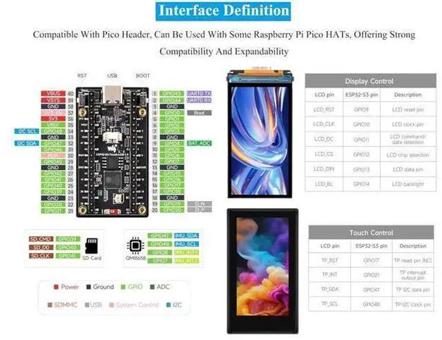 Alt view image 4 of 7 - ESP32-S3 1.9inch Touch LCD Display Development Board, 170x320 Pixels, 262K Color, 32-Bit LX7 Dual-Core Processor, Supports 90° Hardware Rotation, ESP32 with Display,Multiple Peripheral Interfaces