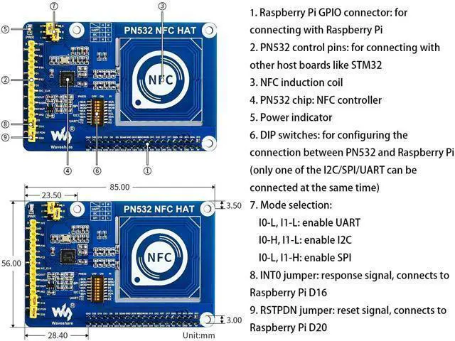 Alt view image 5 of 7 - PN532 NFC HAT for Raspberry Pi 4B/3B+/3B/2B/Zero/Zero W - I2C / SPI/UART Interface, Supports Various NFC/RFID Cards