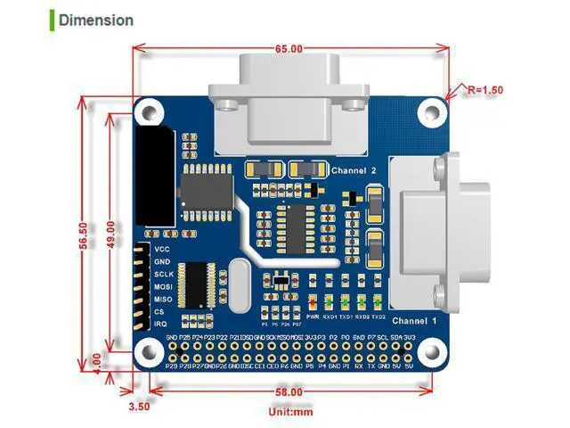 Alt view image 7 of 7 - 2-Channel Isolated RS232 Expansion HAT for Raspberry Pi 4B/3B+/3B/2B/B+/A+/Zero/Zero W, SC16IS752+SP3232 Dual Chip Convert SPI to RS232 Data Rate up to 921600bps Embed Multi Protection Circuits