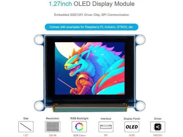 Alt view image 2 of 7 - 1.27inch RGB OLED Display Module 128×96 Resolution Screen, 262K RGB Colors SPI Interface 3.3V / 5V Operating Voltage, for Ardu/Raspberry Pi/STM32