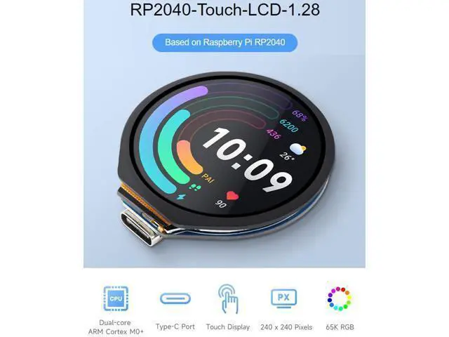 Alt view image 2 of 7 - RP2040-Touch-LCD-1.28 Based on Raspberry Pi RP2040 Board with 1.28inch Round Touch LCD, 240x240 Pixels 65K RGB Colors IPS LCD Display, Accelerometer and Gyroscope Sensor Dual-Core Processor