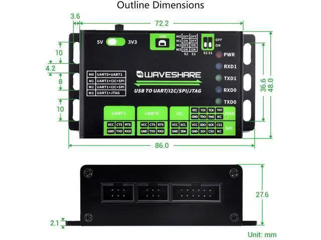 Alt view image 7 of 7 - USB Multi-Converter (Up to 3-Ch) - UART/I2C/SPI/JTAG, 3.3/5V - Aluminum Case, Compatible Win7/10/11, Linux