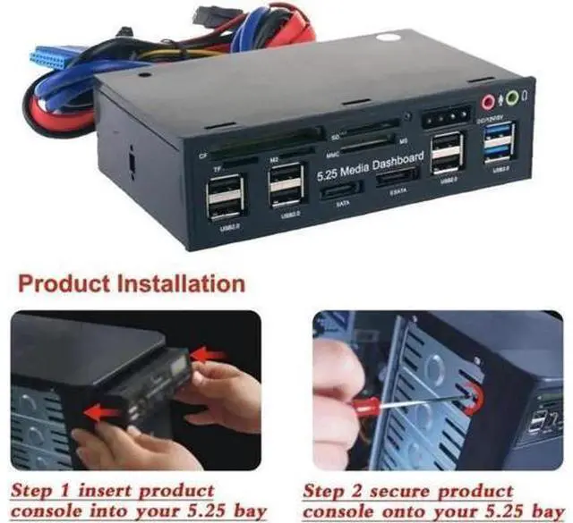 Alt view image 5 of 6 - Multi-Function USB 3.0 Hub eSATA SATA Port Internal Card Reader PC Dashboard Media Front Panel Audio for SD MS CF TF M2 MMC Memory Cards Fits 5.25" Bay