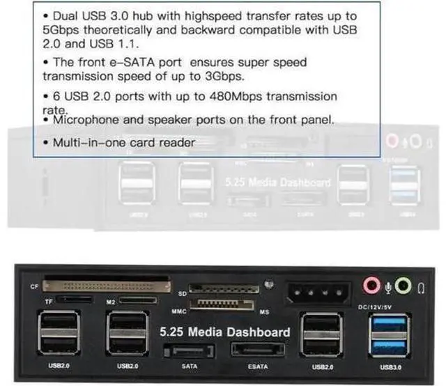 Alt view image 6 of 6 - Multi-Function USB 3.0 Hub eSATA SATA Port Internal Card Reader PC Dashboard Media Front Panel Audio for SD MS CF TF M2 MMC Memory Cards Fits 5.25" Bay