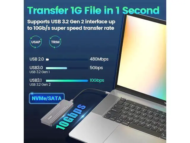 Alt view image 2 of 7 - 22110 M.2 NVME NGFF Enclosure, USB 3.2 Gen2 Type-C 10Gbps SSD Case Support M&B+M Keys 2230/42/2260/2280 With Flat Cable