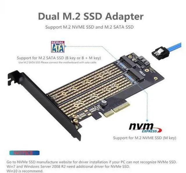 Alt view image 3 of 7 - Dual M.2 PCIE Adapter for SATA or PCIE NVMe SSD with Advanced Heat Sink Solution,M.2 SSD NVME (m Key) and SATA (b Key) 22110 2280 2260 2242 2230 to PCI-e x 4 Host Controller Expansion Card